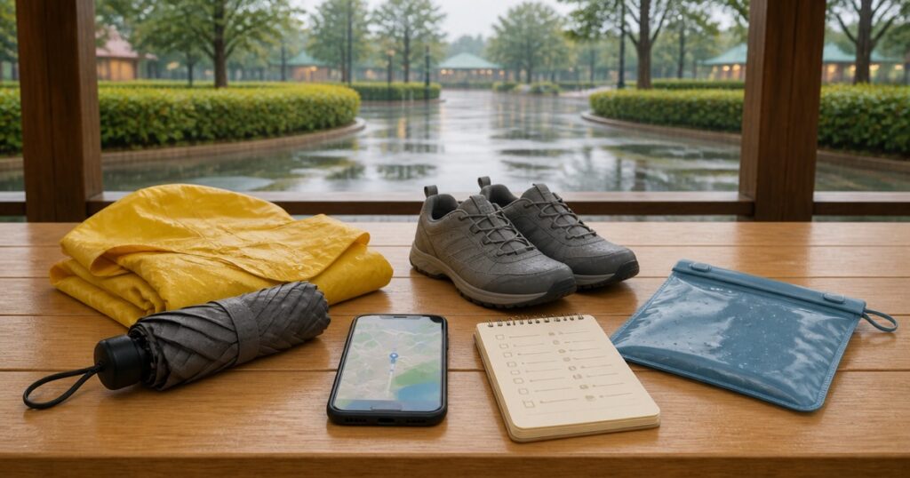 雨の日のテーマパーク用レインポンチョ、傘、靴、スマートフォン、予定ノート、濡れ物用ポーチ